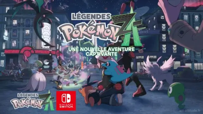 Affiche du jeu "Légendes Pokémon Z-A" sur Nintendo Switch, montrant plusieurs dresseurs et Pokémon dans une ville animée de nuit avec le logo du jeu au centre.
